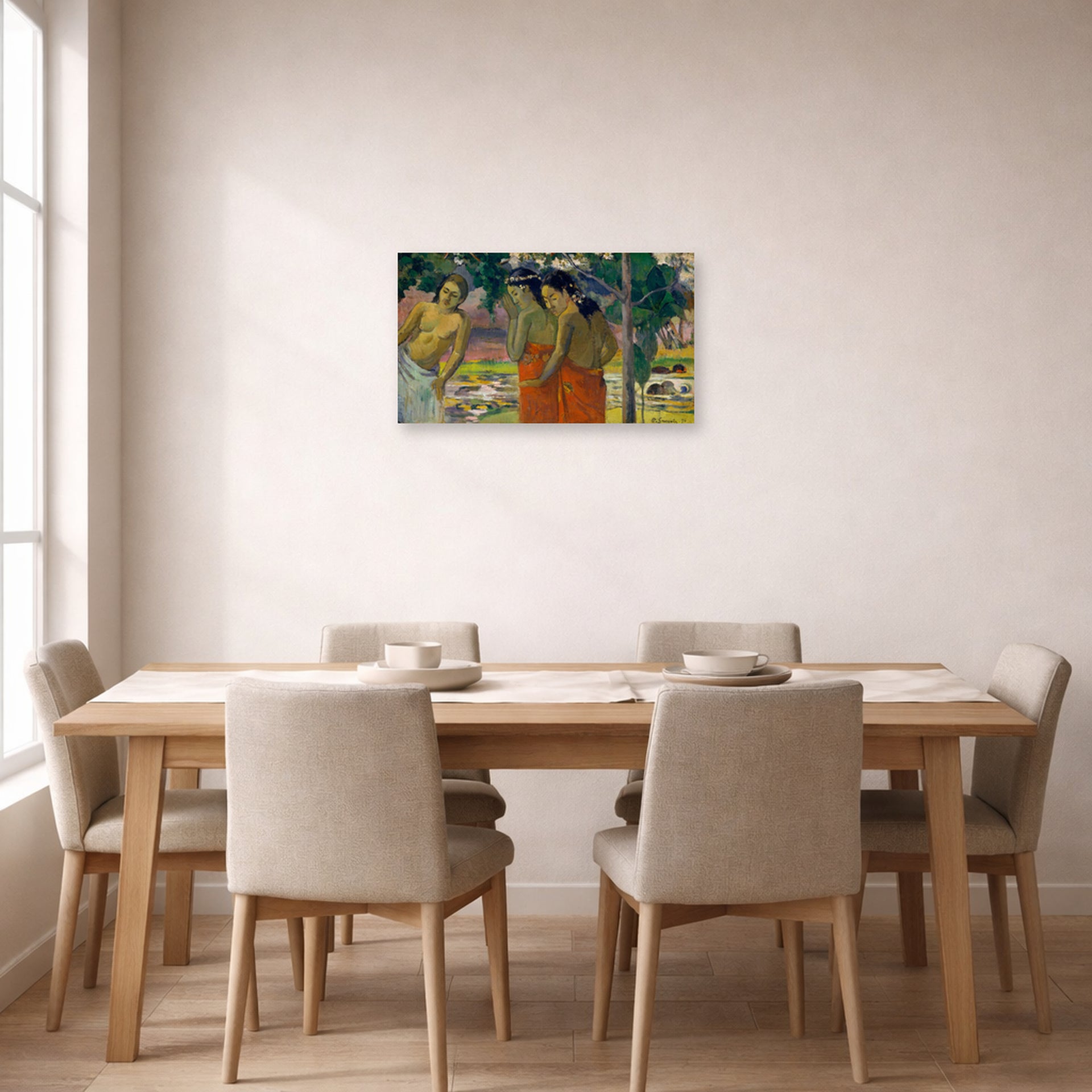 Unframed poster print of Paul Gauguin's Three Tahitian Women displayed on a wall in a dining room