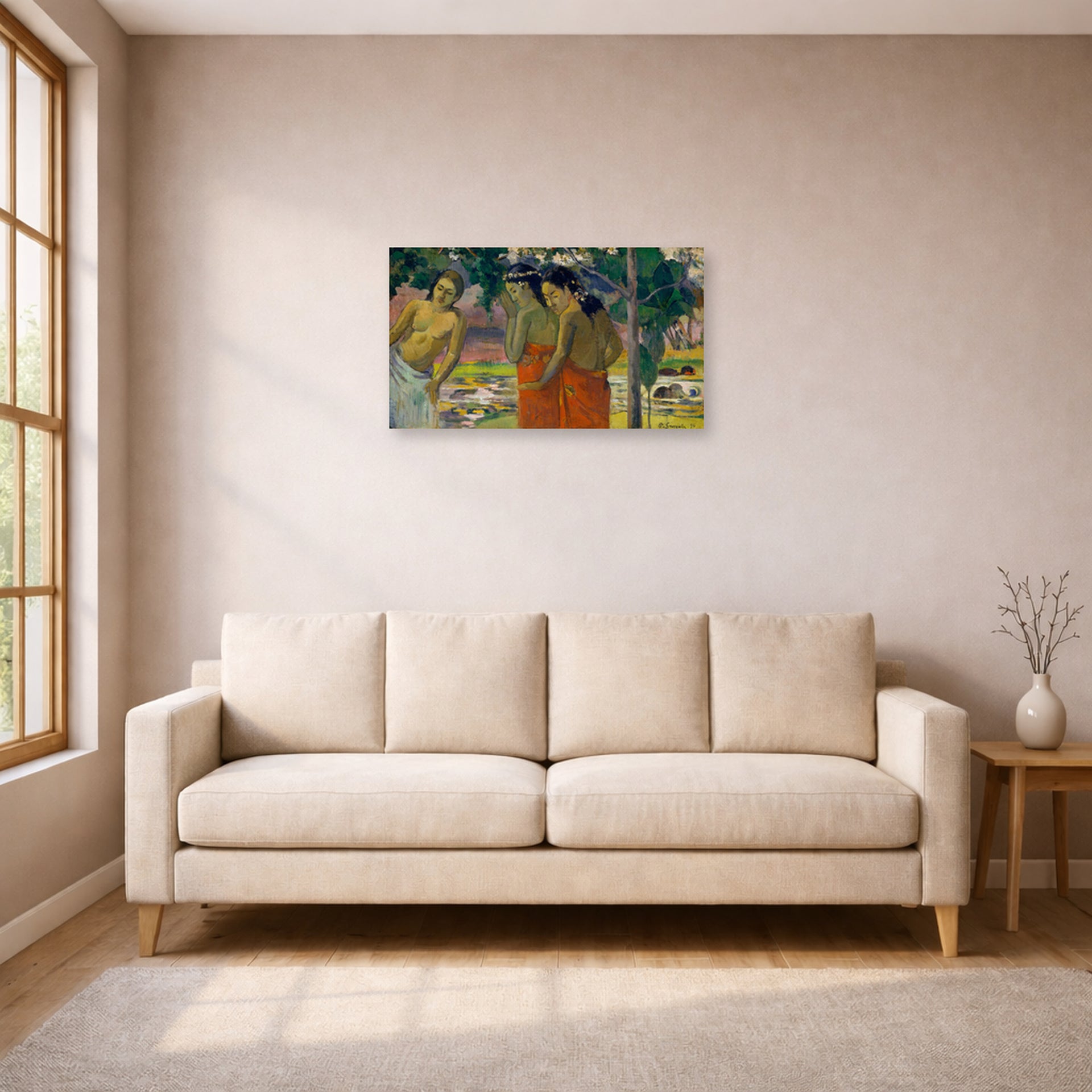 Unframed poster print of Paul Gauguin's Three Tahitian Women displayed on a wall in a living room