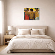 Gallery-wrapped canvas print of Paul Gauguin's Three Tahitians displayed on a wall in a bedroom
