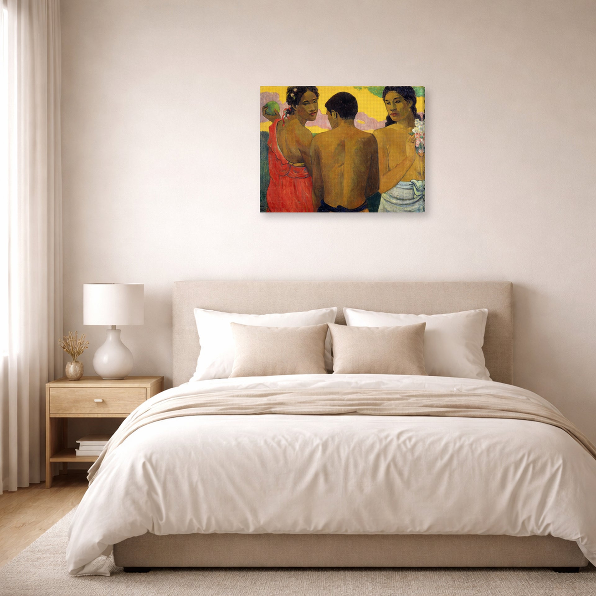 Gallery-wrapped canvas print of Paul Gauguin's Three Tahitians displayed on a wall in a bedroom