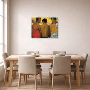 Gallery-wrapped canvas print of Paul Gauguin's Three Tahitians displayed on a wall in a dining room