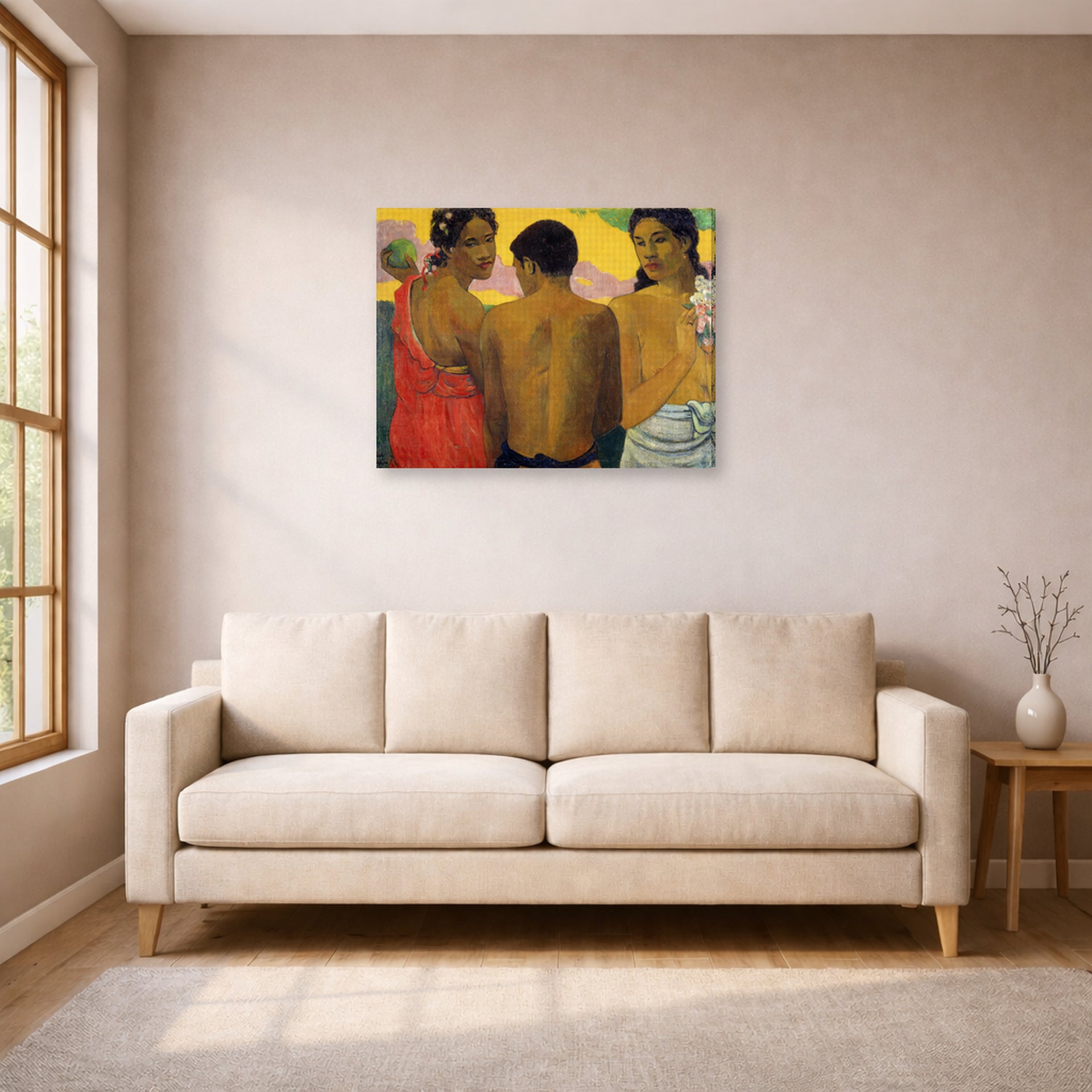 Gallery-wrapped canvas print of Paul Gauguin's Three Tahitians displayed on a wall in a living room
