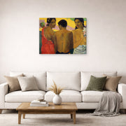 Gallery-wrapped canvas print of Paul Gauguin's Three Tahitians displayed on a wall in a second living room setting