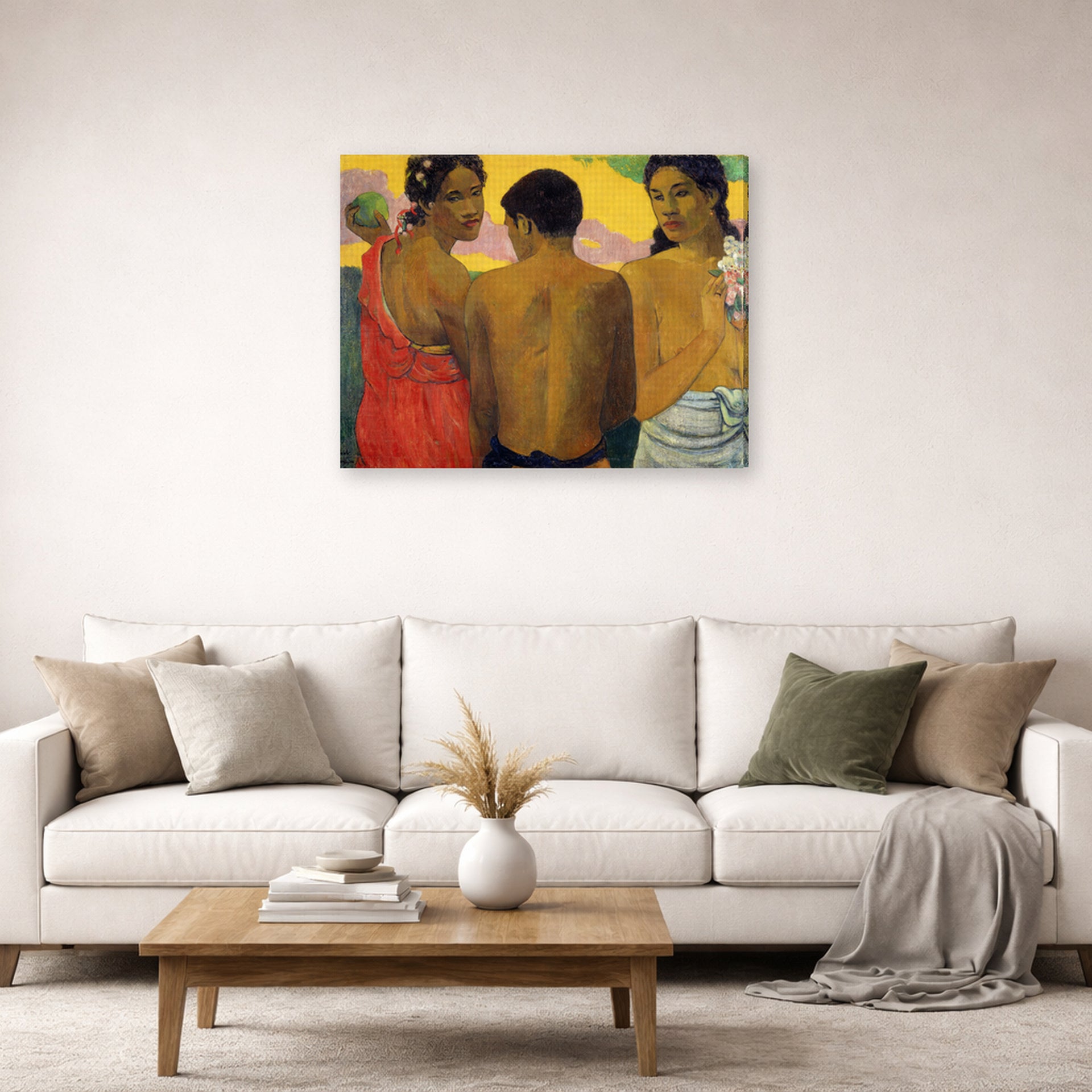 Gallery-wrapped canvas print of Paul Gauguin's Three Tahitians displayed on a wall in a second living room setting