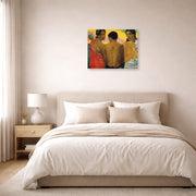 Unframed poster print of Paul Gauguin's Three Tahitians displayed on a wall in a bedroom