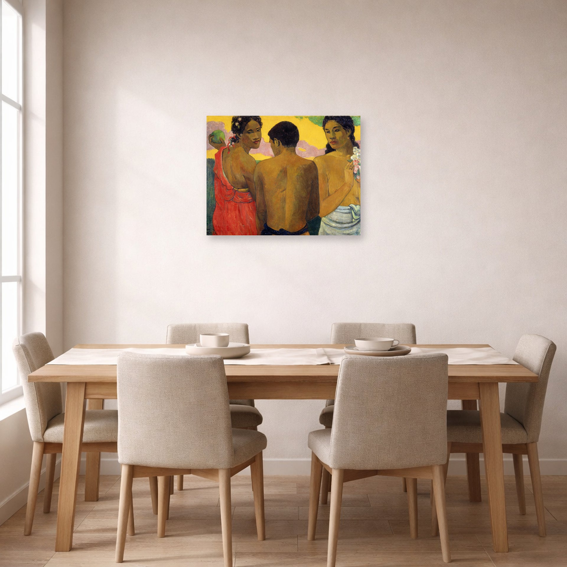 Unframed poster print of Paul Gauguin's Three Tahitians displayed on a wall in a dining room