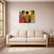 Unframed poster print of Paul Gauguin's Three Tahitians displayed on a wall in a living room