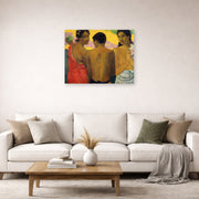 Unframed poster print of Paul Gauguin's Three Tahitians displayed on a wall in a second living room setting