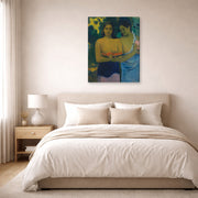 Gallery-wrapped canvas print of Paul Gauguin's Two Tahitian Women displayed on a wall in a bedroom