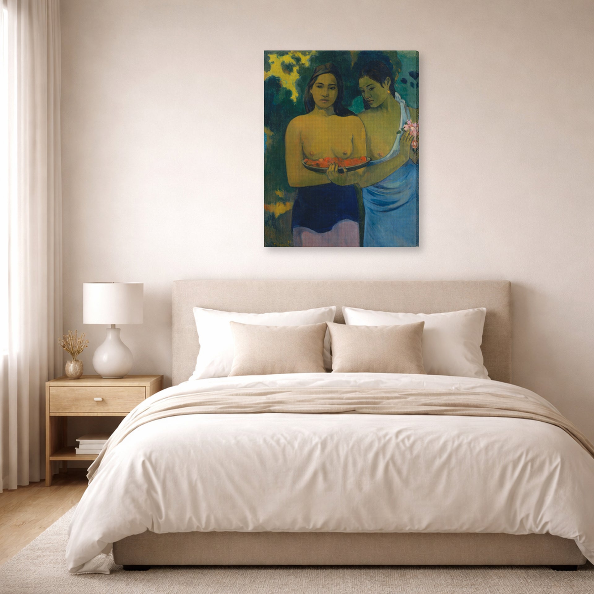 Gallery-wrapped canvas print of Paul Gauguin's Two Tahitian Women displayed on a wall in a bedroom