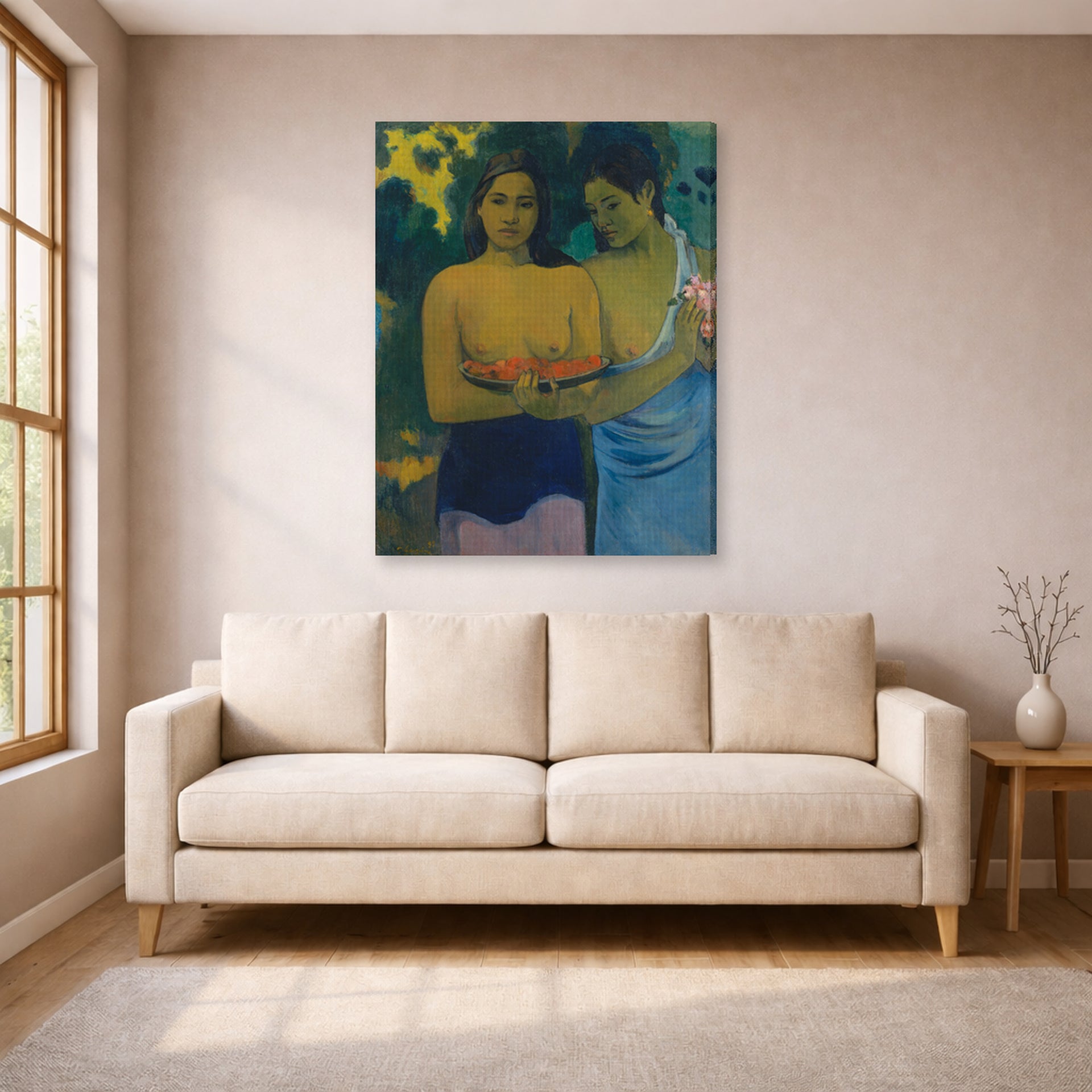 Gallery-wrapped canvas print of Paul Gauguin's Two Tahitian Women displayed on a wall in a living room