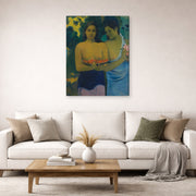 Gallery-wrapped canvas print of Paul Gauguin's Two Tahitian Women displayed on a wall in a second living room setting