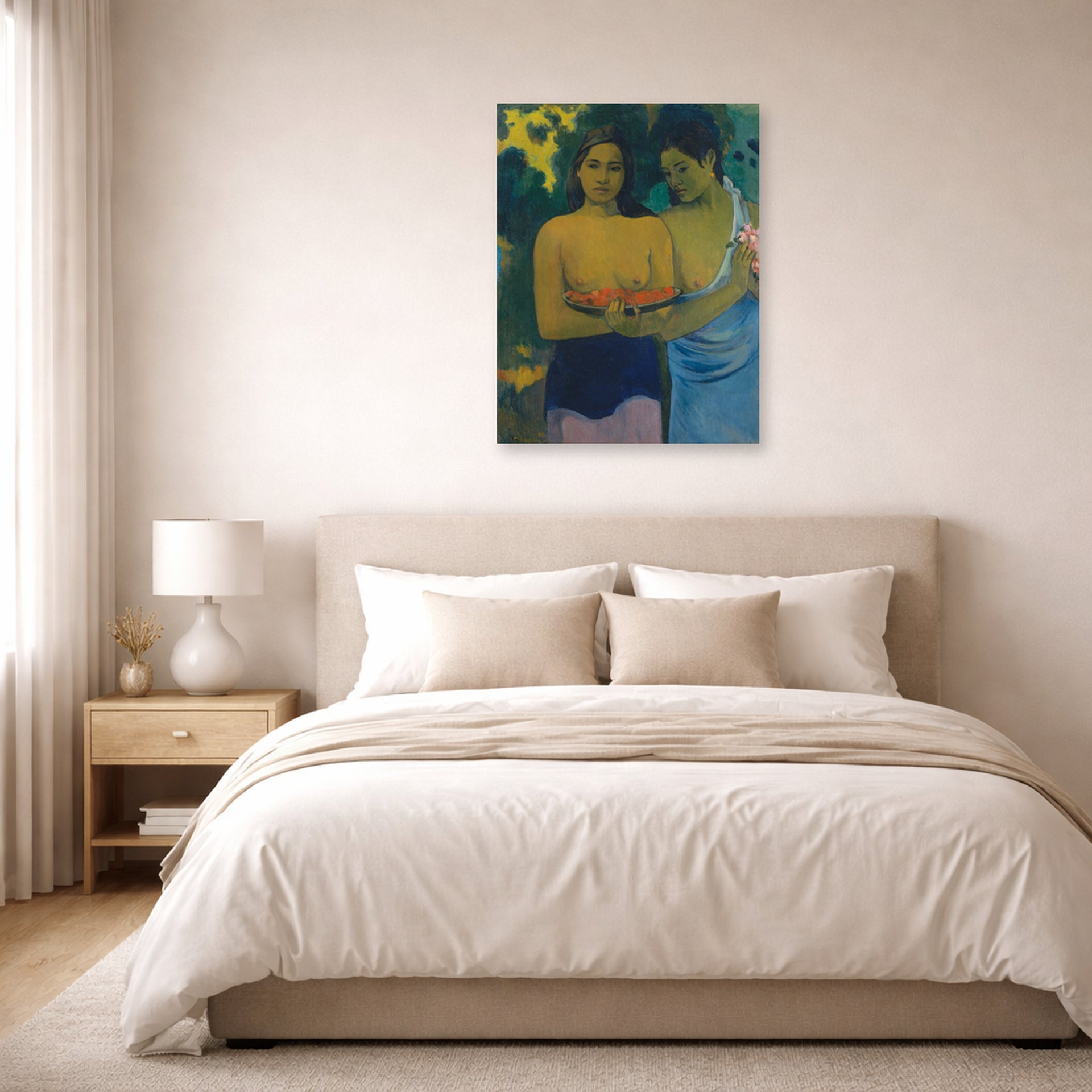 Unframed poster print of Paul Gauguin's Two Tahitian Women displayed on a wall in a bedroom