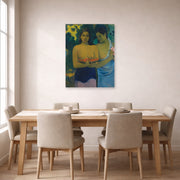 Unframed poster print of Paul Gauguin's Two Tahitian Women displayed on a wall in a dining room