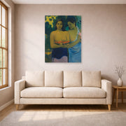 Unframed poster print of Paul Gauguin's Two Tahitian Women displayed on a wall in a living room
