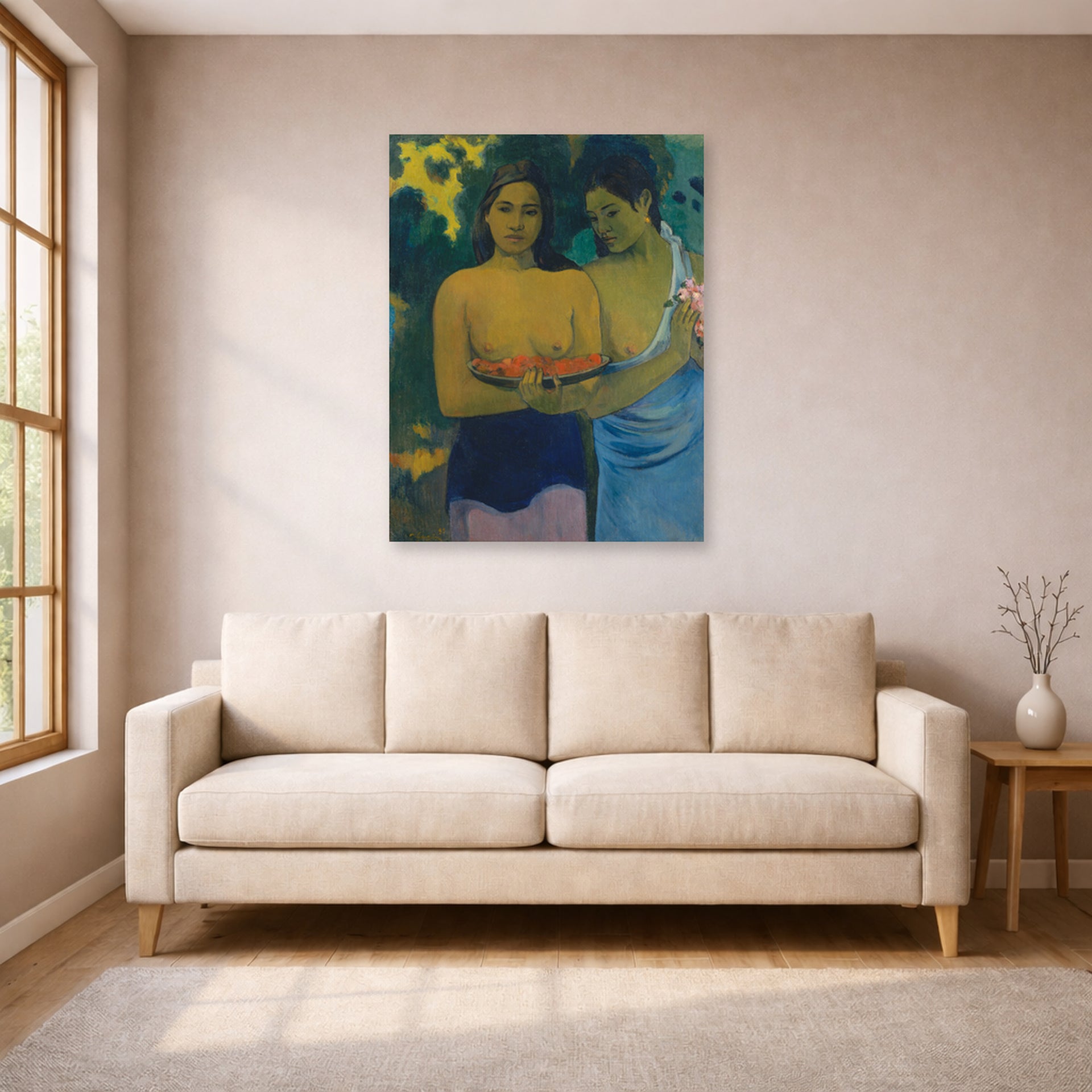 Unframed poster print of Paul Gauguin's Two Tahitian Women displayed on a wall in a living room