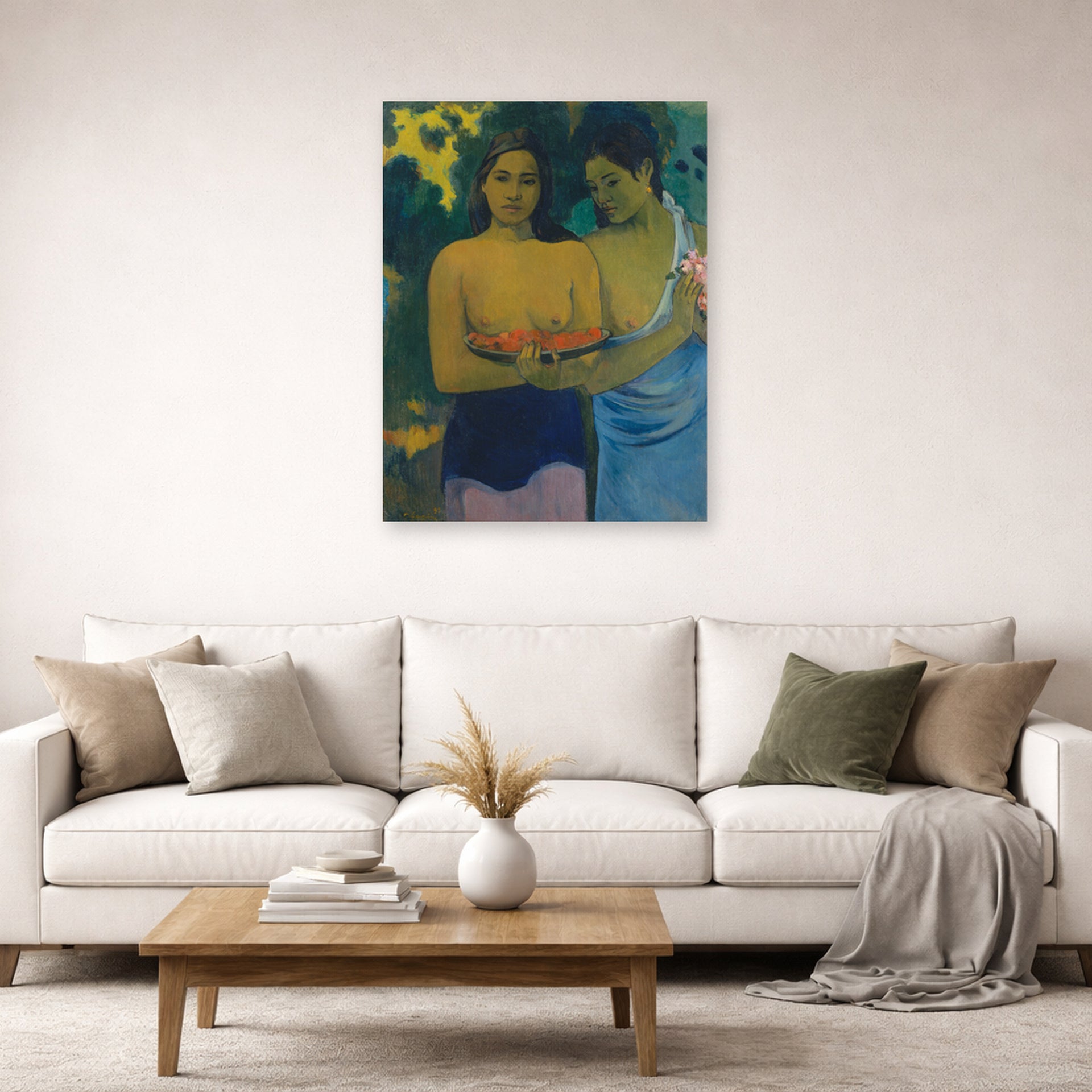 Unframed poster print of Paul Gauguin's Two Tahitian Women displayed on a wall in a second living room setting