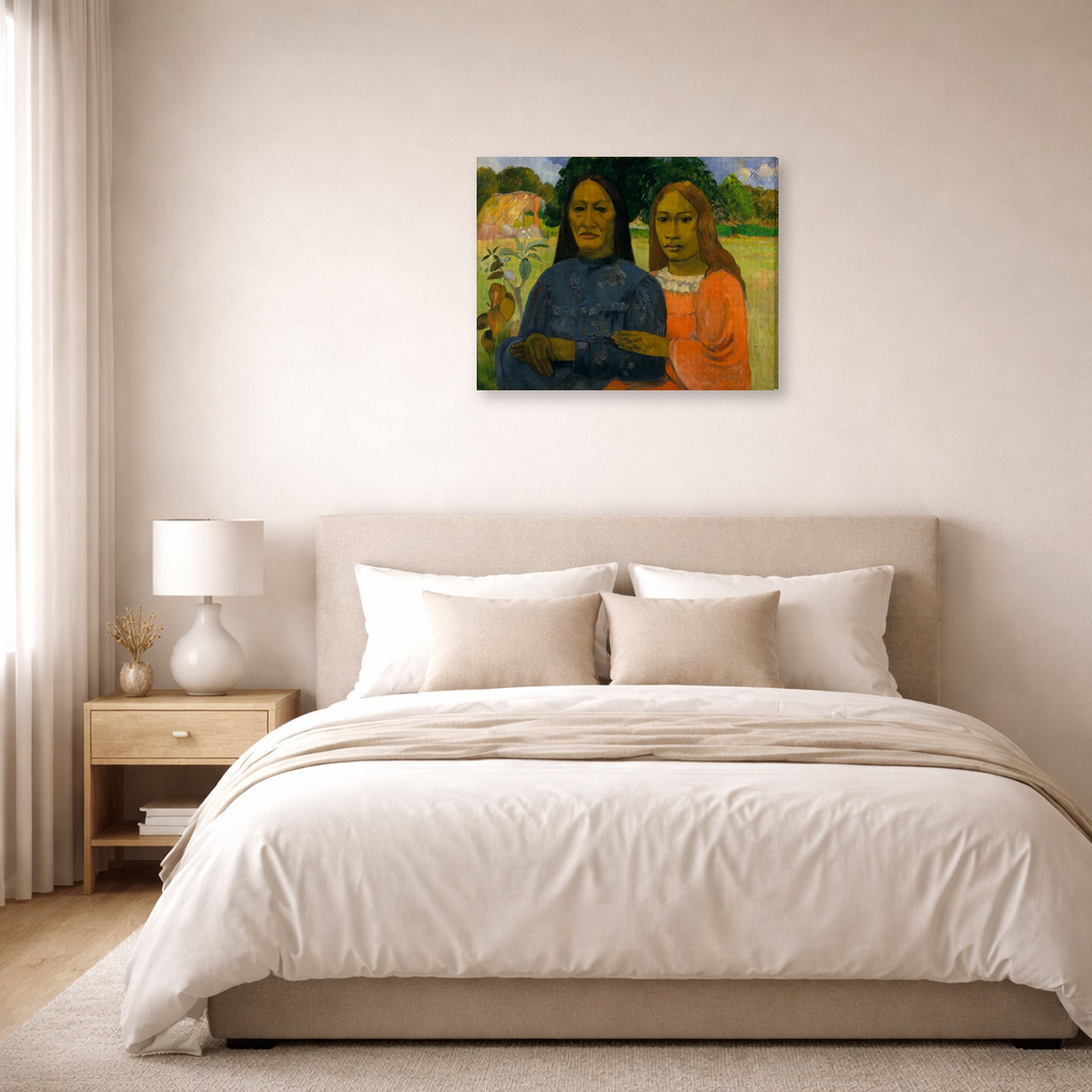 Gallery-wrapped canvas print of Paul Gauguin's Two Women displayed on a wall in a bedroom