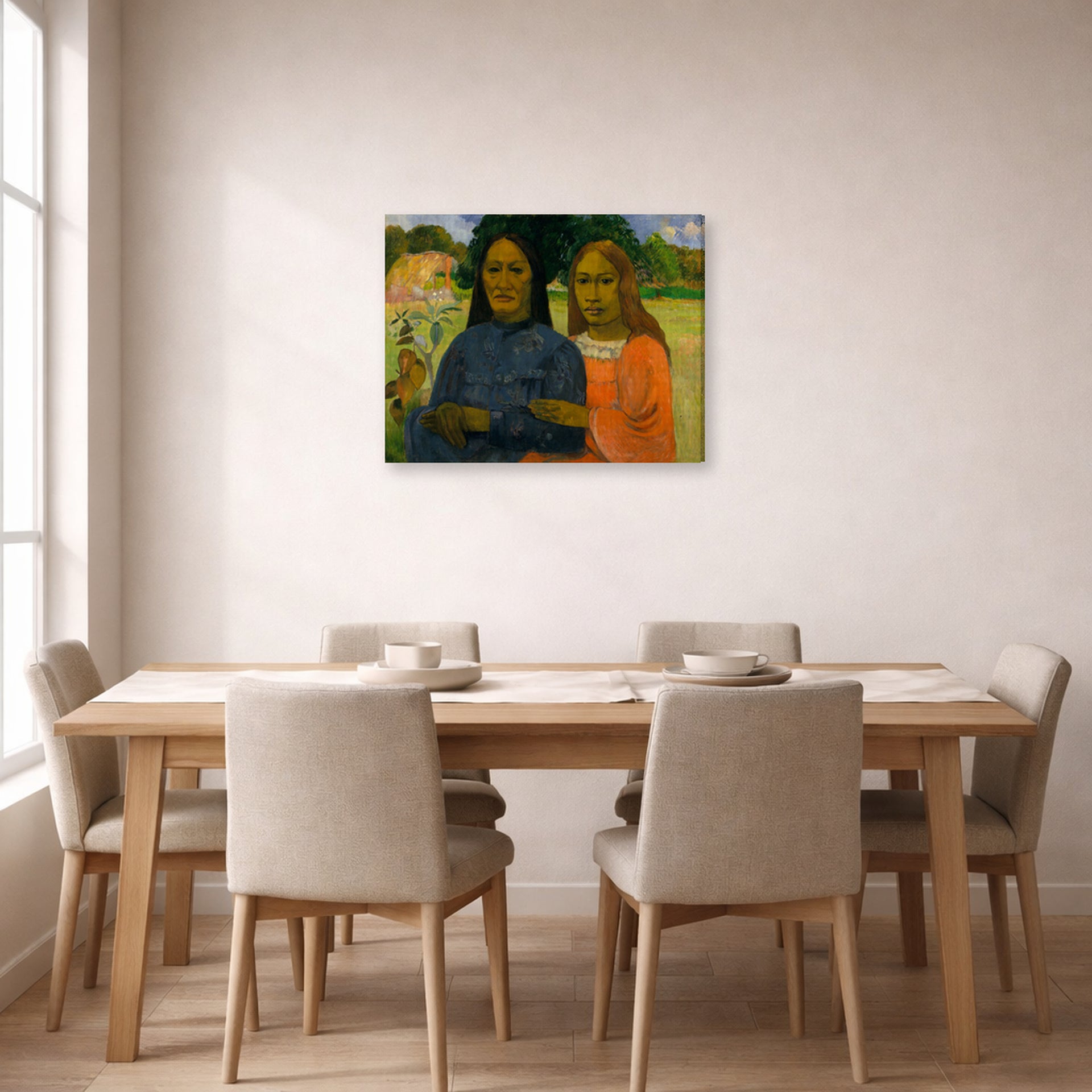 Gallery-wrapped canvas print of Paul Gauguin's Two Women displayed on a wall in a dining room