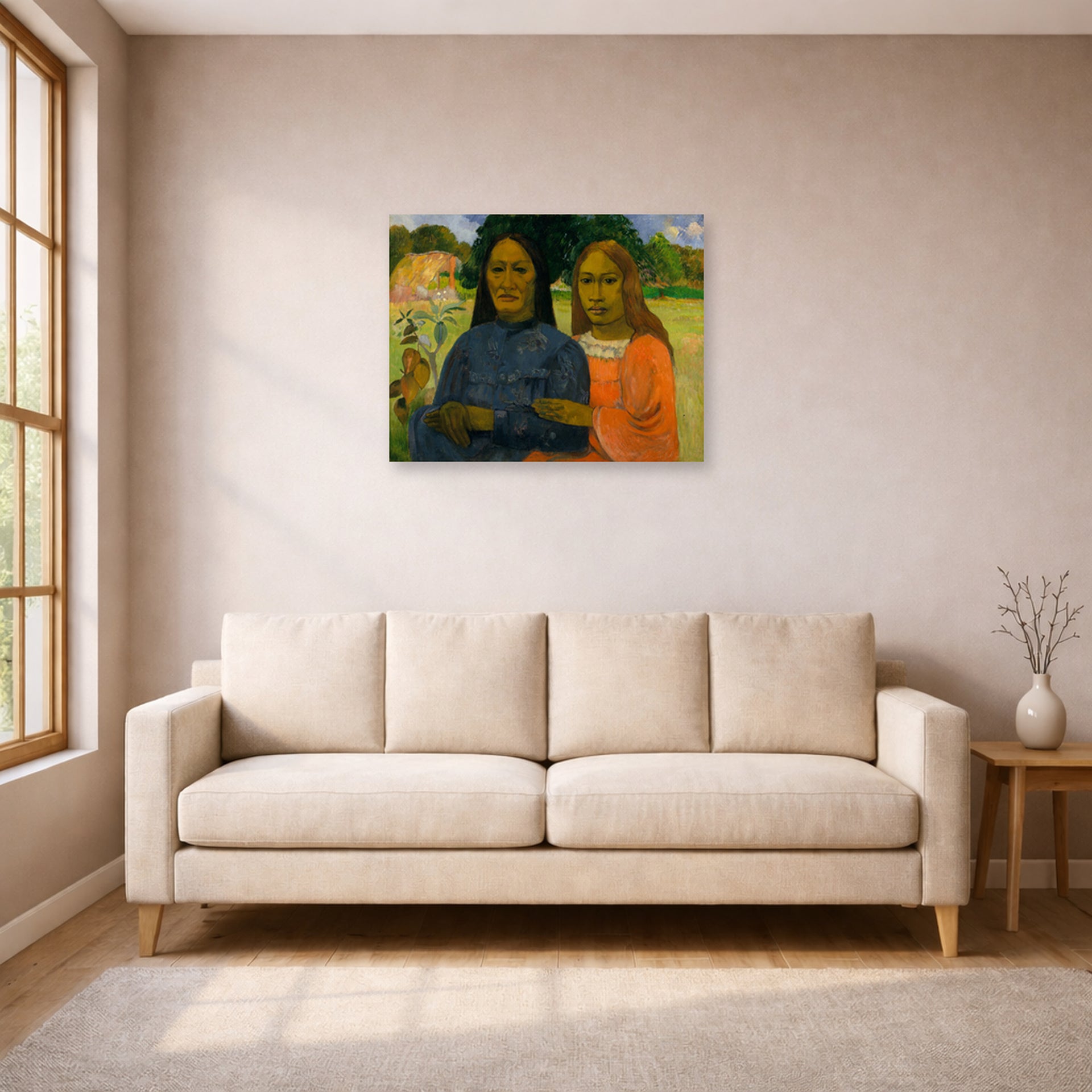 Unframed poster print of Paul Gauguin's Two Women displayed on a wall in a living room