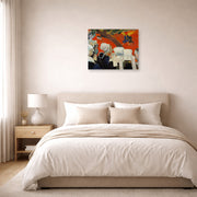 Unframed poster print of Paul Gauguin's Vision After the Sermon displayed on a wall in a bedroom