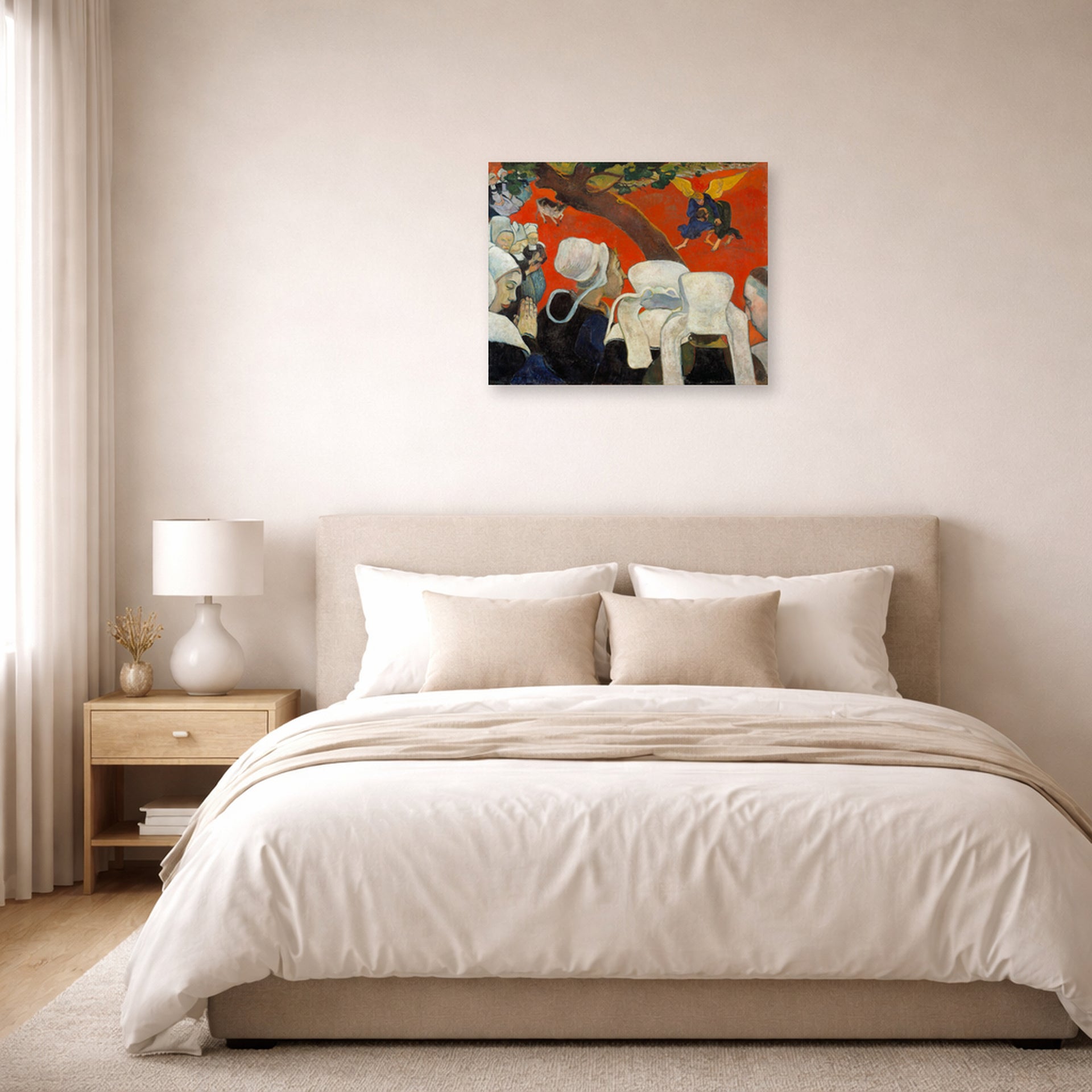 Unframed poster print of Paul Gauguin's Vision After the Sermon displayed on a wall in a bedroom
