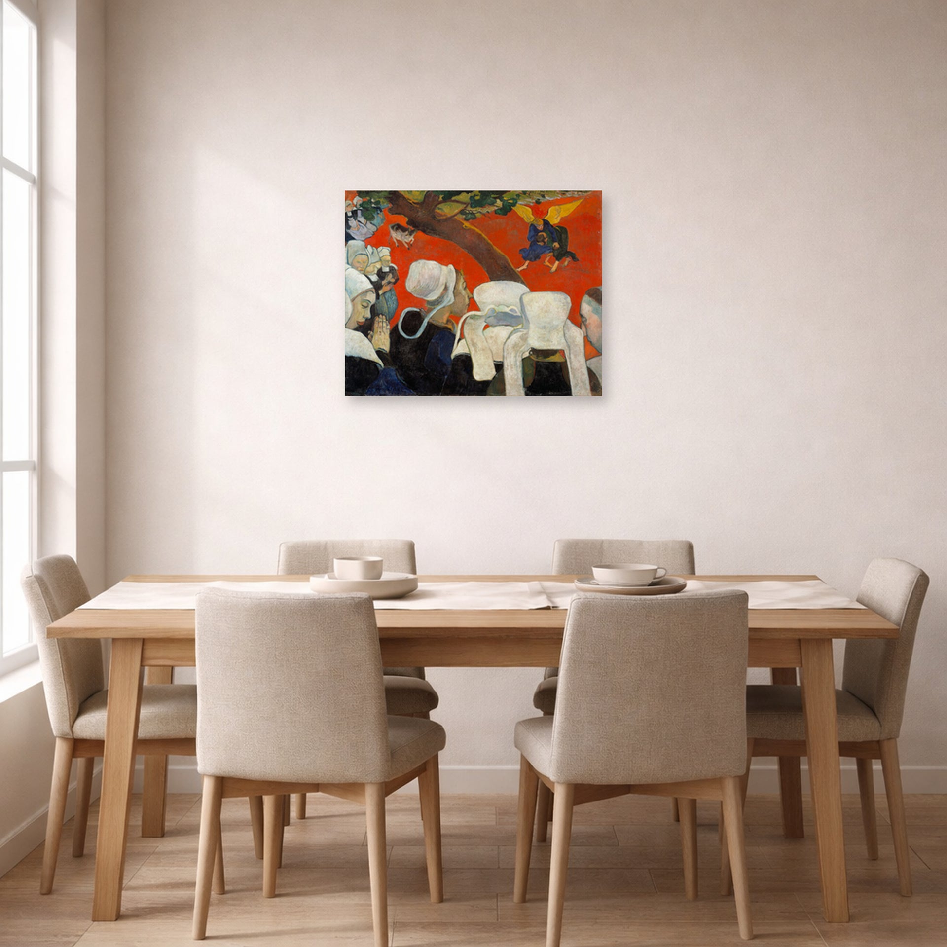 Unframed poster print of Paul Gauguin's Vision After the Sermon displayed on a wall in a dining room