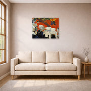 Unframed poster print of Paul Gauguin's Vision After the Sermon displayed on a wall in a living room