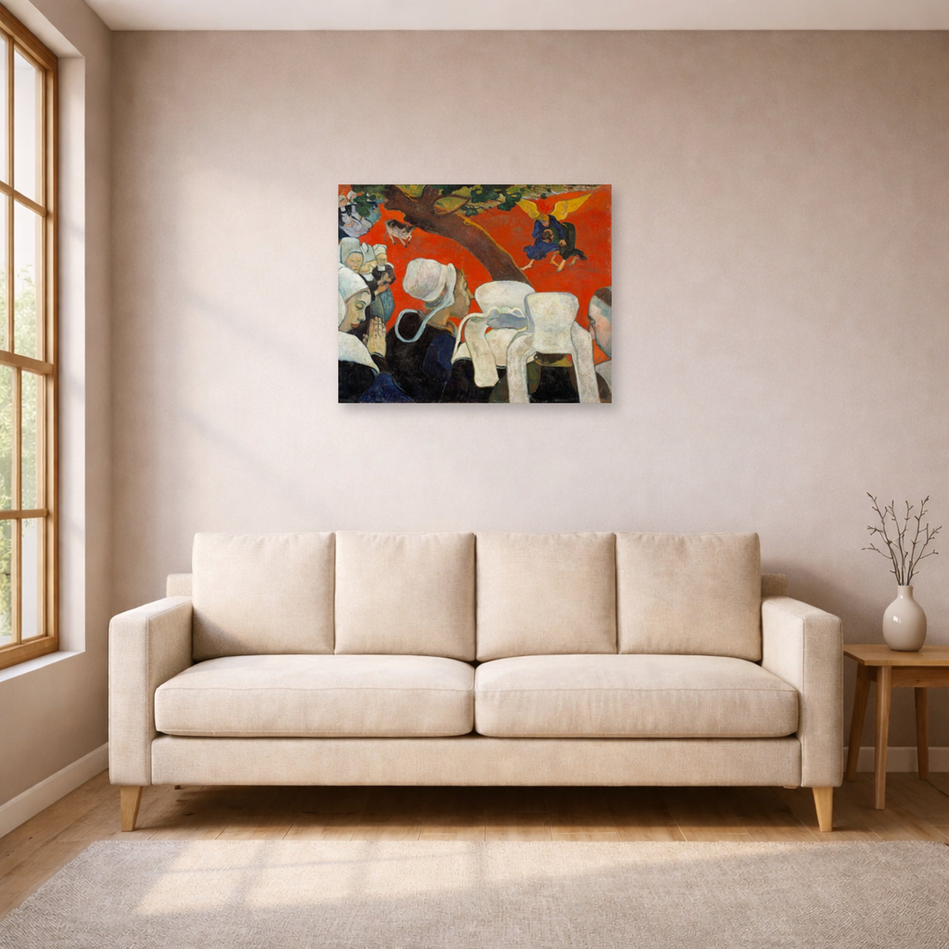 Unframed poster print of Paul Gauguin's Vision After the Sermon displayed on a wall in a living room