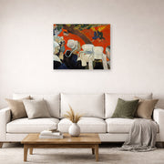 Unframed poster print of Paul Gauguin's Vision After the Sermon displayed on a wall in a second living room setting