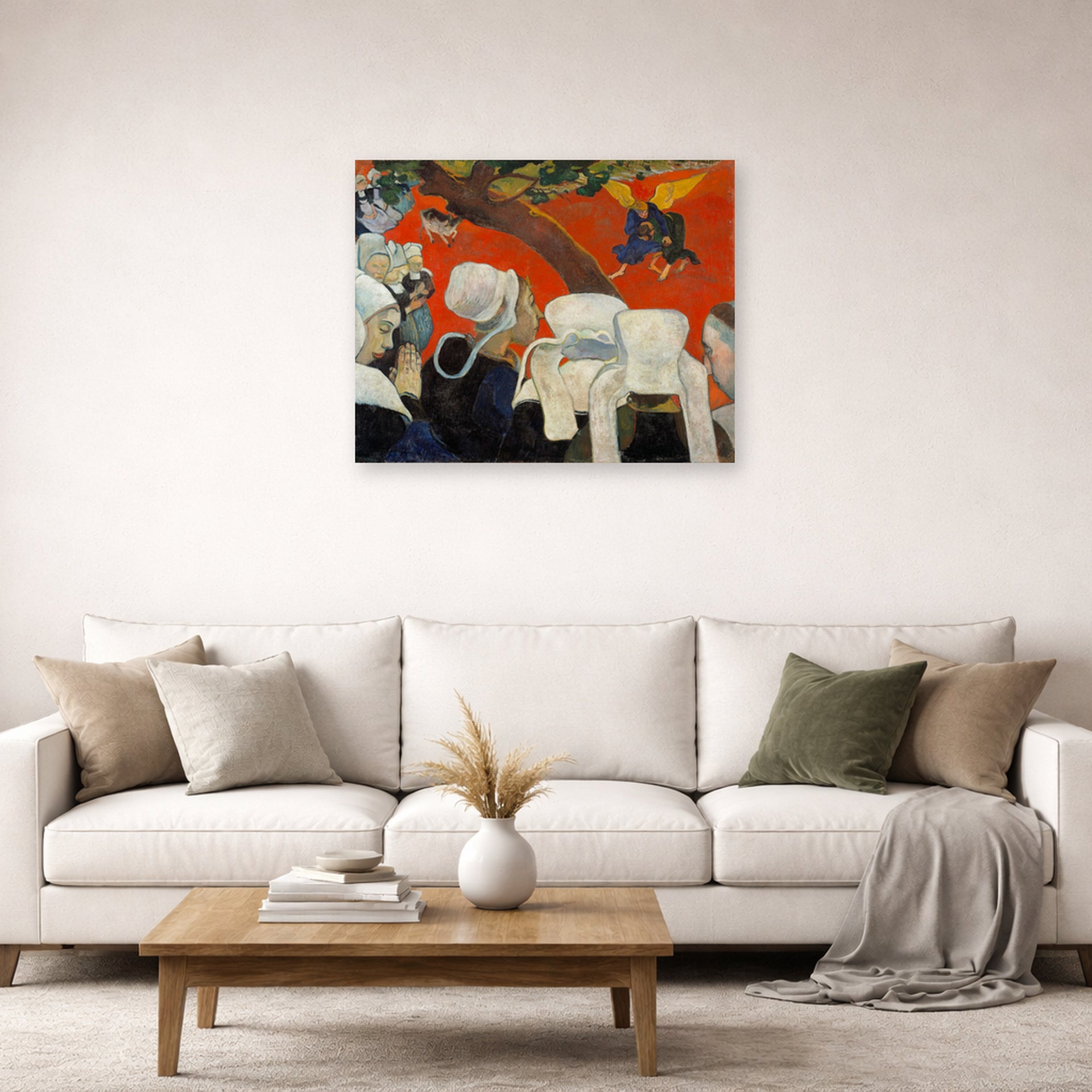 Unframed poster print of Paul Gauguin's Vision After the Sermon displayed on a wall in a second living room setting