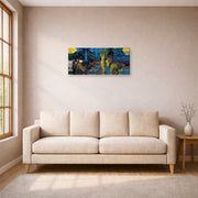 Gallery-wrapped canvas print of Paul Gauguin's Where Do We Come From ? What Are We ? Where Are We Going ? displayed on a wall in a living room