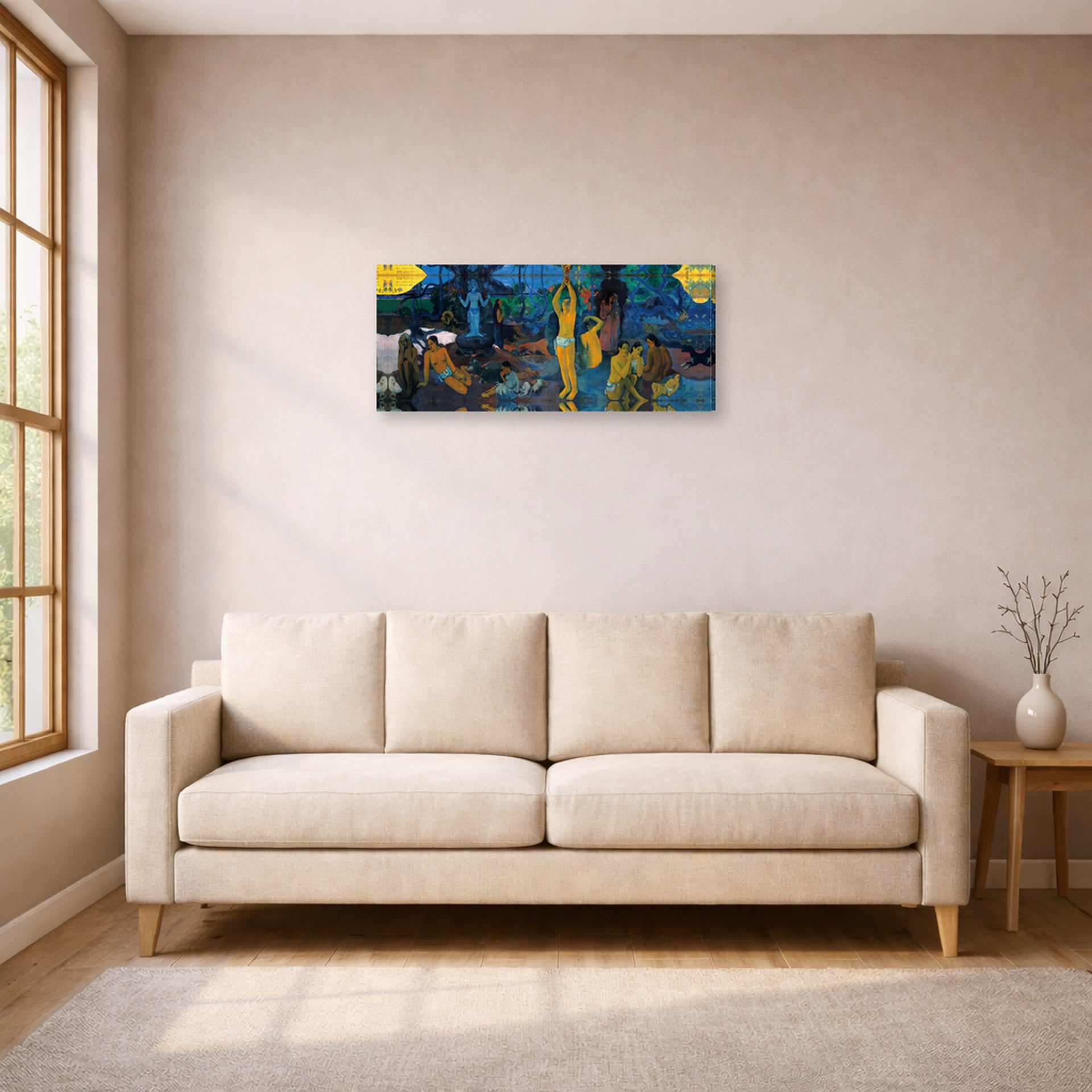 Gallery-wrapped canvas print of Paul Gauguin's Where Do We Come From ? What Are We ? Where Are We Going ? displayed on a wall in a living room