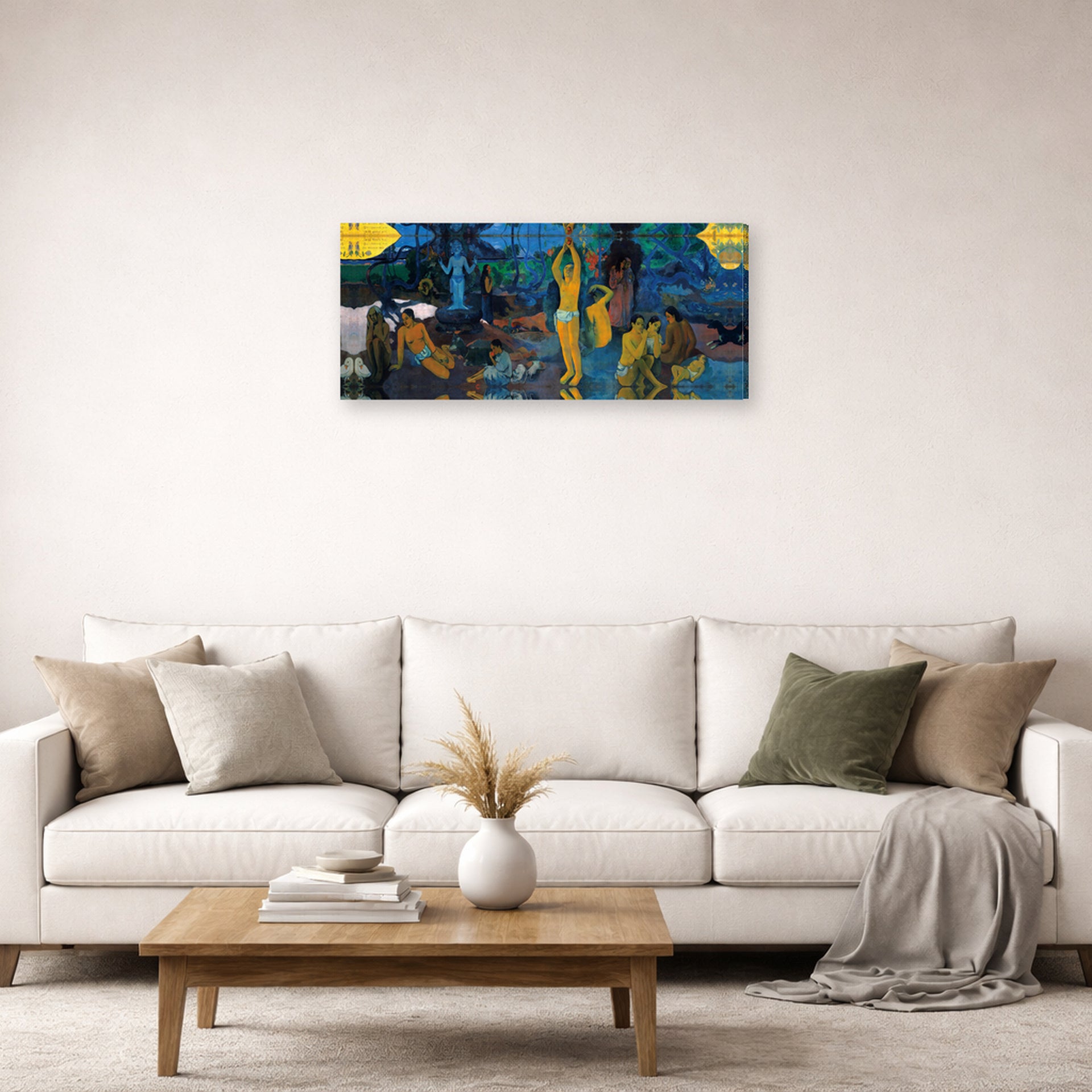 Gallery-wrapped canvas print of Paul Gauguin's Where Do We Come From ? What Are We ? Where Are We Going ? displayed on a wall in a second living room setting