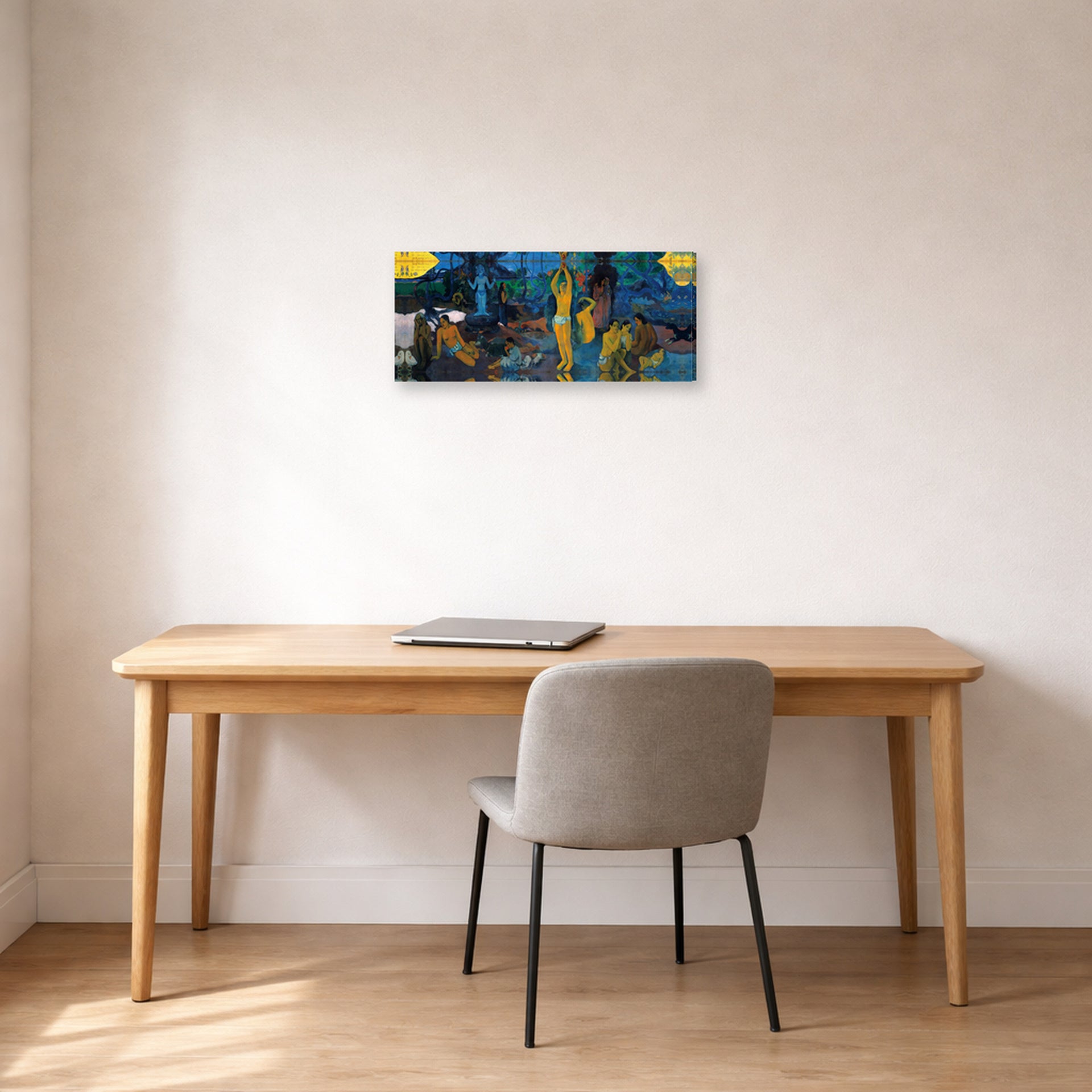 Gallery-wrapped canvas print of Paul Gauguin's Where Do We Come From ? What Are We ? Where Are We Going ? displayed on a wall in an office
