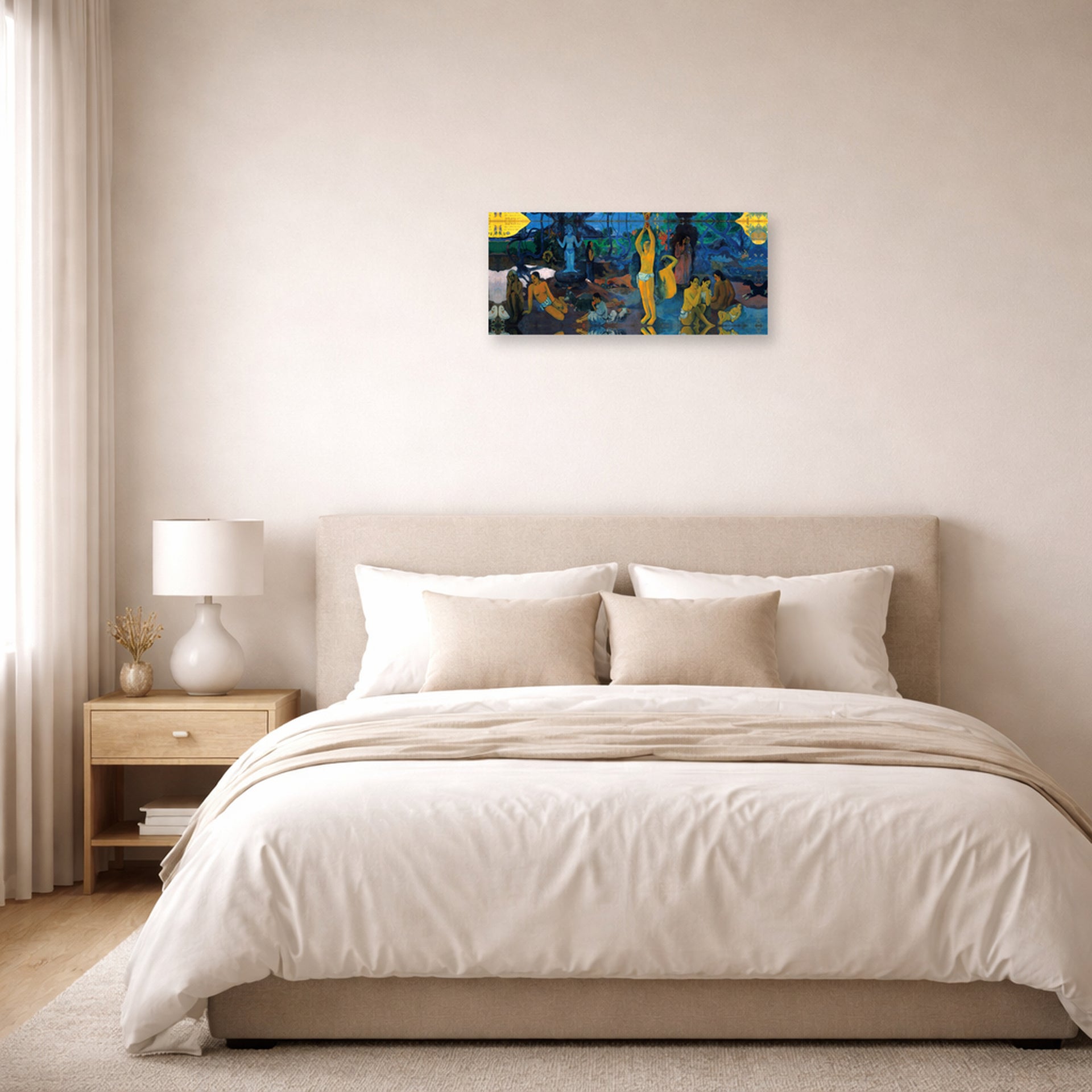 Unframed poster print of Paul Gauguin's Where Do We Come From ? What Are We ? Where Are We Going ? displayed on a wall in a bedroom