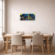 Unframed poster print of Paul Gauguin's Where Do We Come From ? What Are We ? Where Are We Going ? displayed on a wall in a dining room