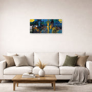 Unframed poster print of Paul Gauguin's Where Do We Come From ? What Are We ? Where Are We Going ? displayed on a wall in a second living room setting
