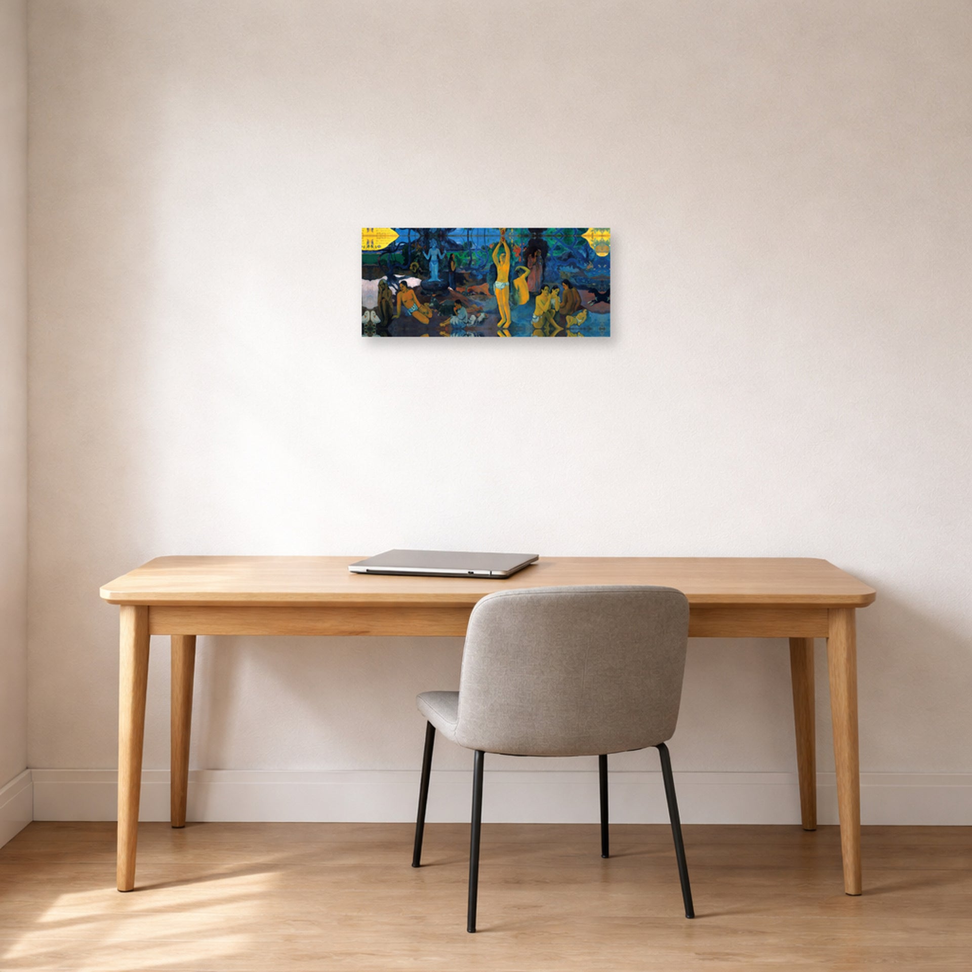 Unframed poster print of Paul Gauguin's Where Do We Come From ? What Are We ? Where Are We Going ? displayed on a wall in an office