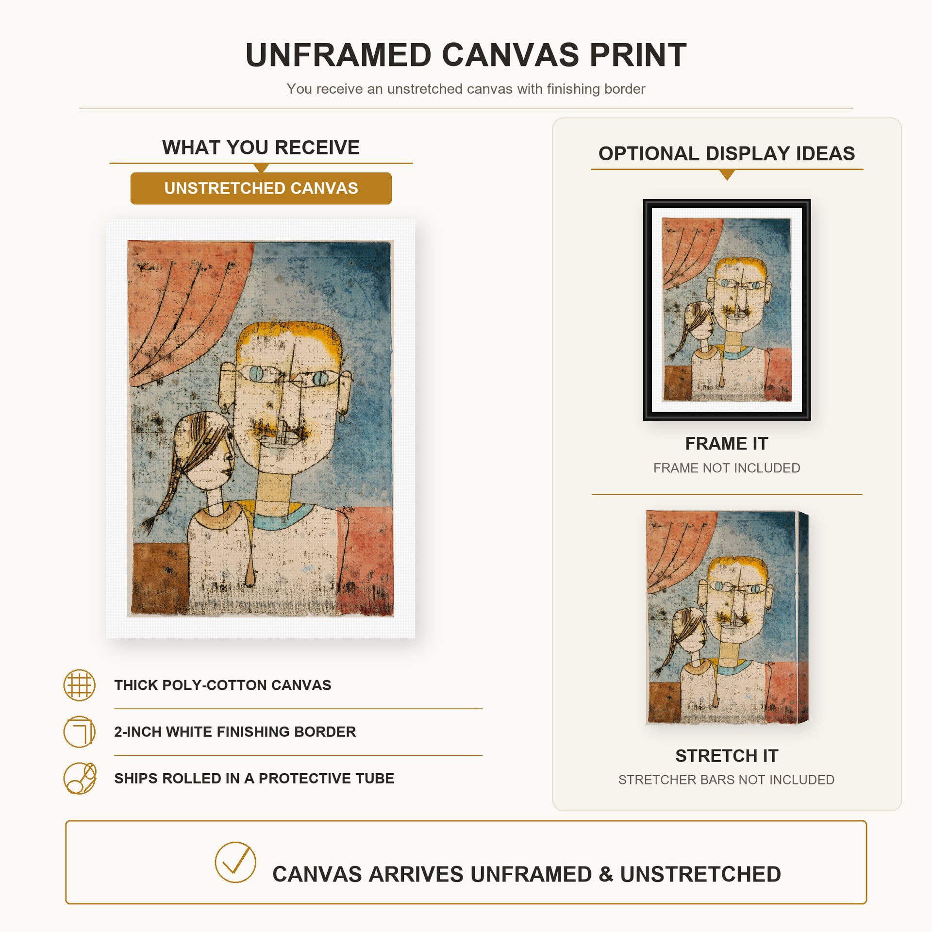 Paul Klee - Adam and Little Eve canvas print size comparison and framing display infographic