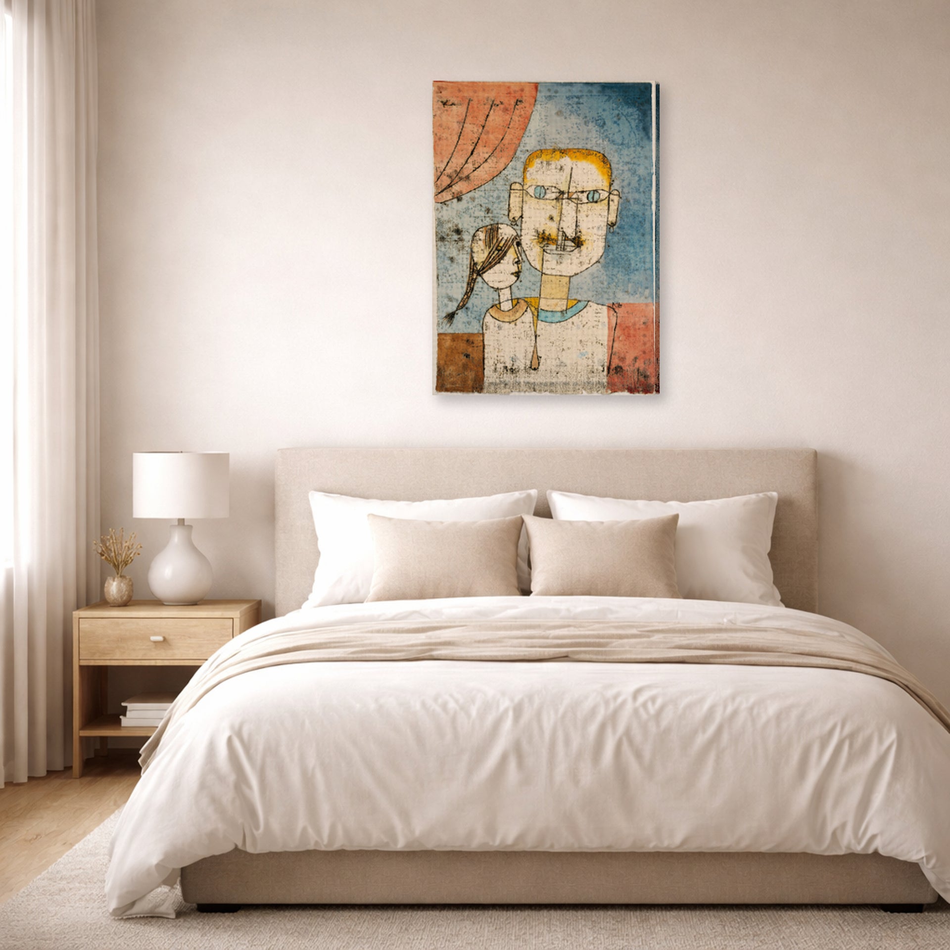 Gallery-wrapped canvas print of Paul Klee's Adam and Little Eve displayed on a wall in a bedroom