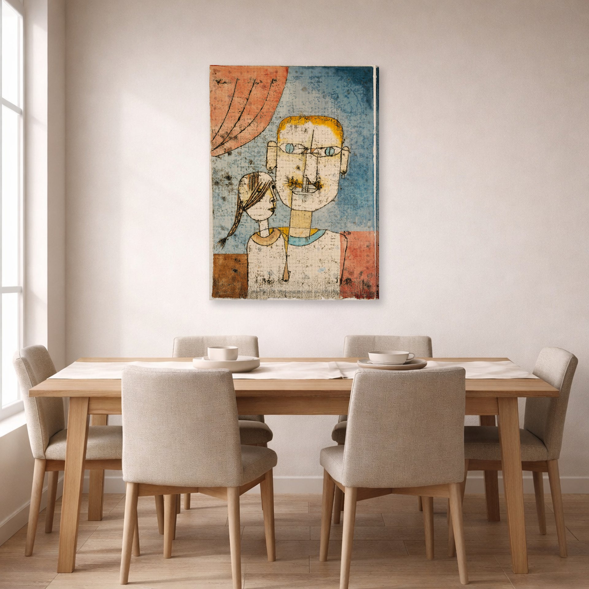 Gallery-wrapped canvas print of Paul Klee's Adam and Little Eve displayed on a wall in a dining room
