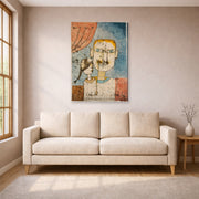 Gallery-wrapped canvas print of Paul Klee's Adam and Little Eve displayed on a wall in a living room