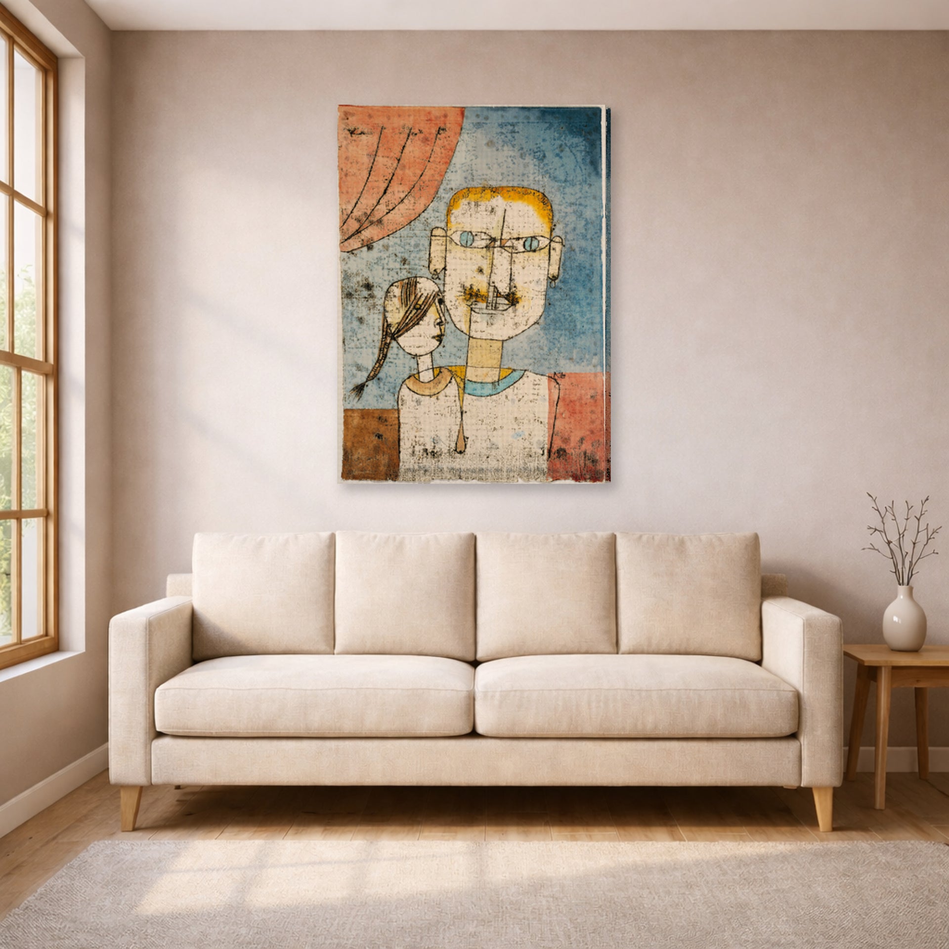 Gallery-wrapped canvas print of Paul Klee's Adam and Little Eve displayed on a wall in a living room