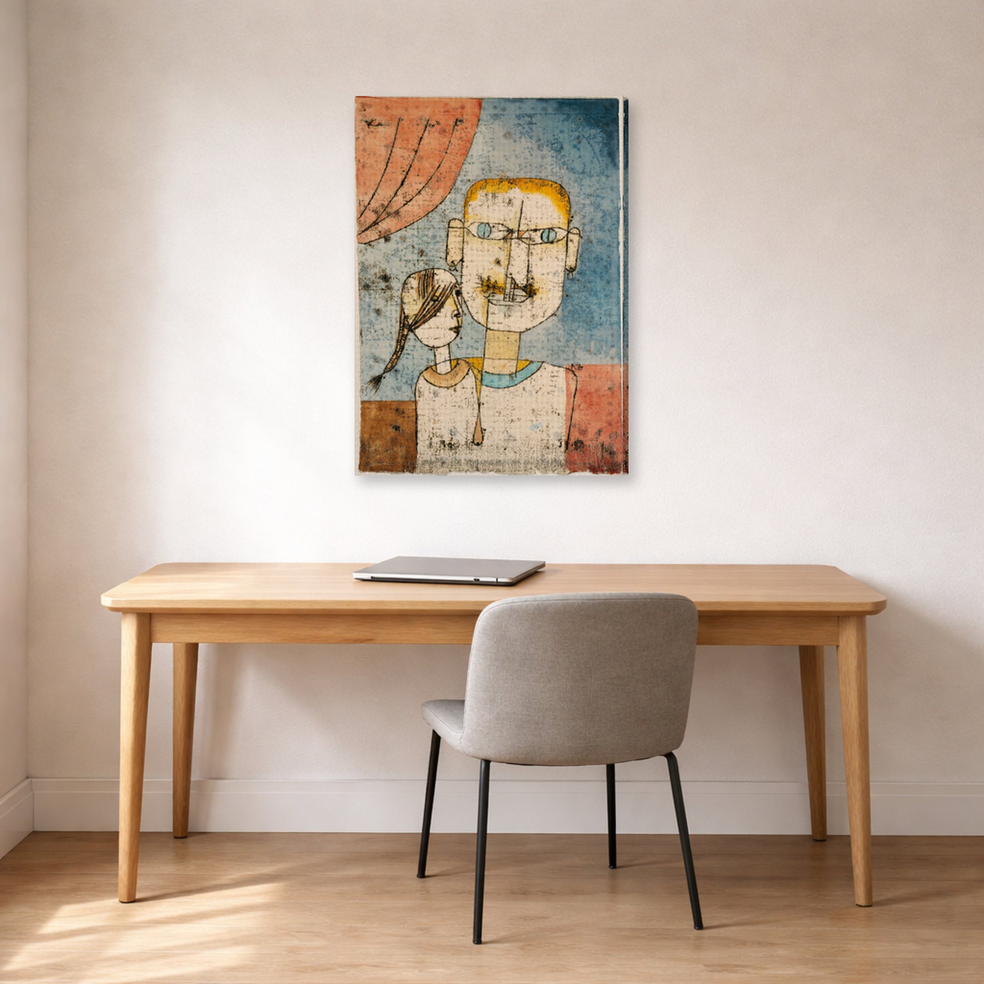 Gallery-wrapped canvas print of Paul Klee's Adam and Little Eve displayed on a wall in an office