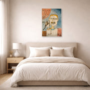 Unframed poster print of Paul Klee's Adam and Little Eve displayed on a wall in a bedroom