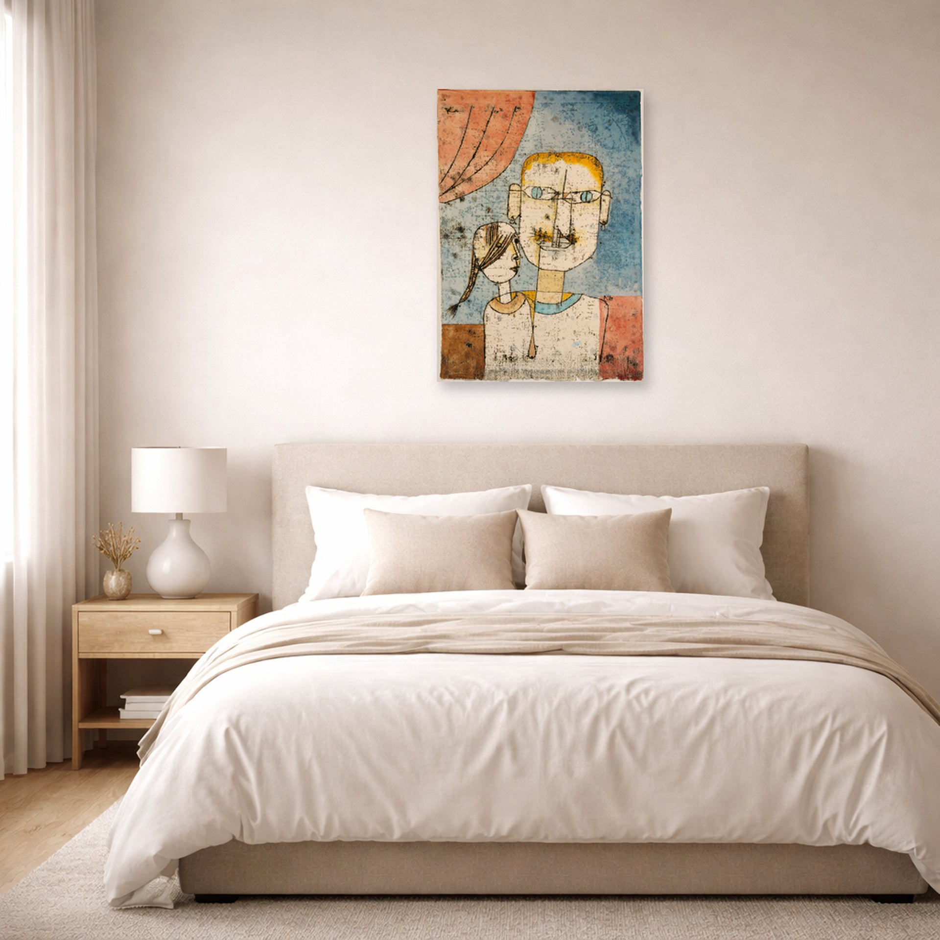 Unframed poster print of Paul Klee's Adam and Little Eve displayed on a wall in a bedroom