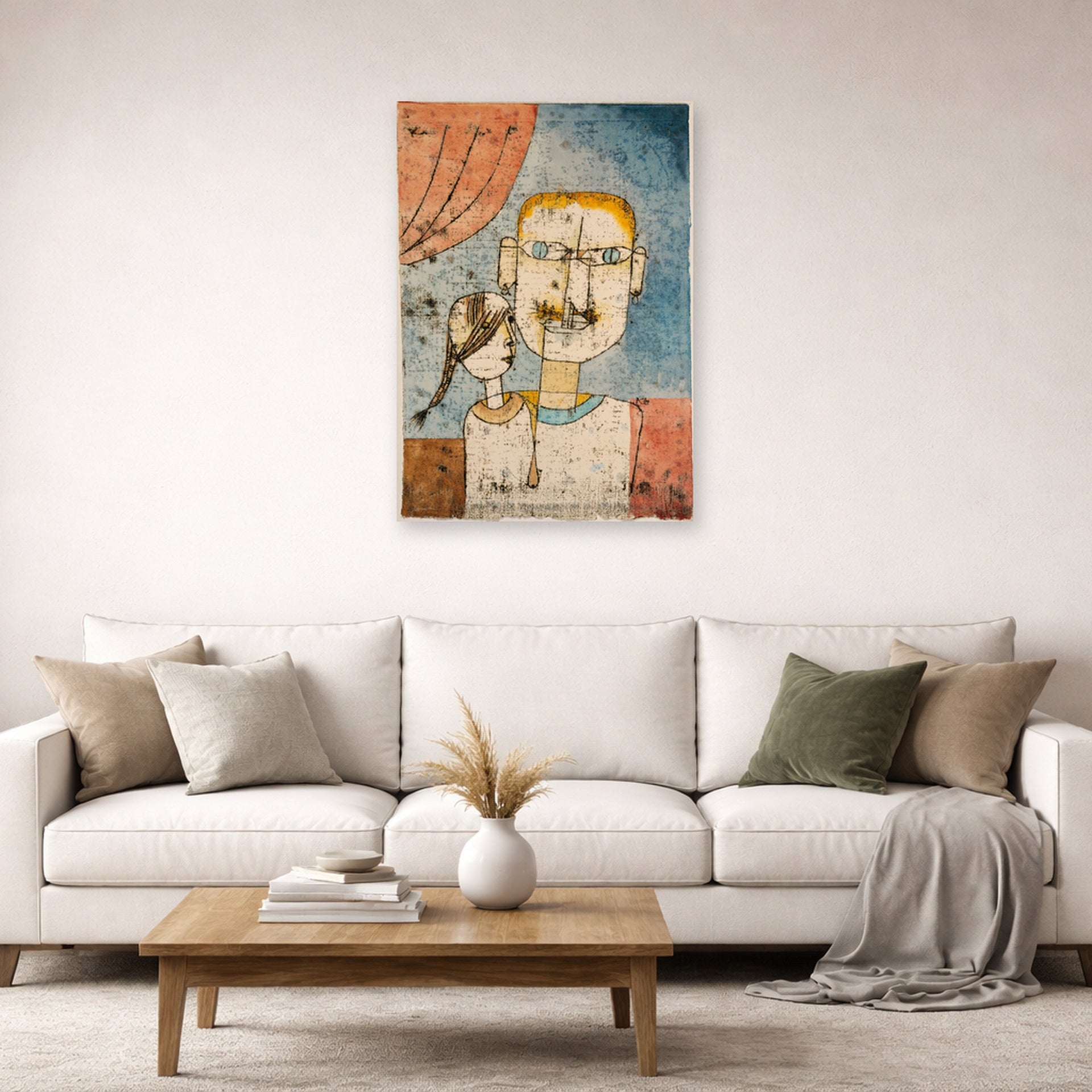 Unframed poster print of Paul Klee's Adam and Little Eve displayed on a wall in a living room