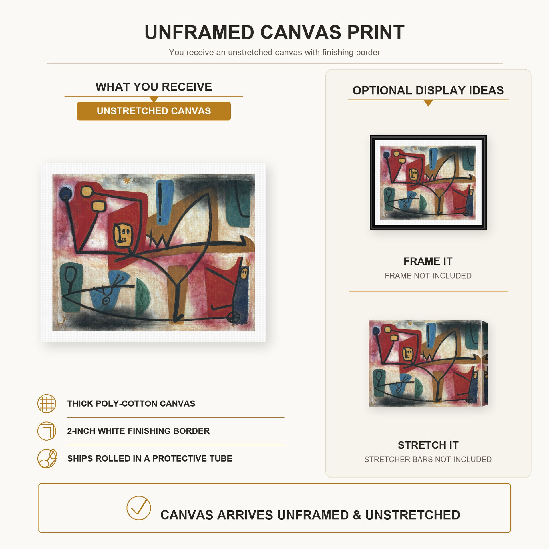 Paul Klee - Arrogance canvas print size comparison and framing display infographic