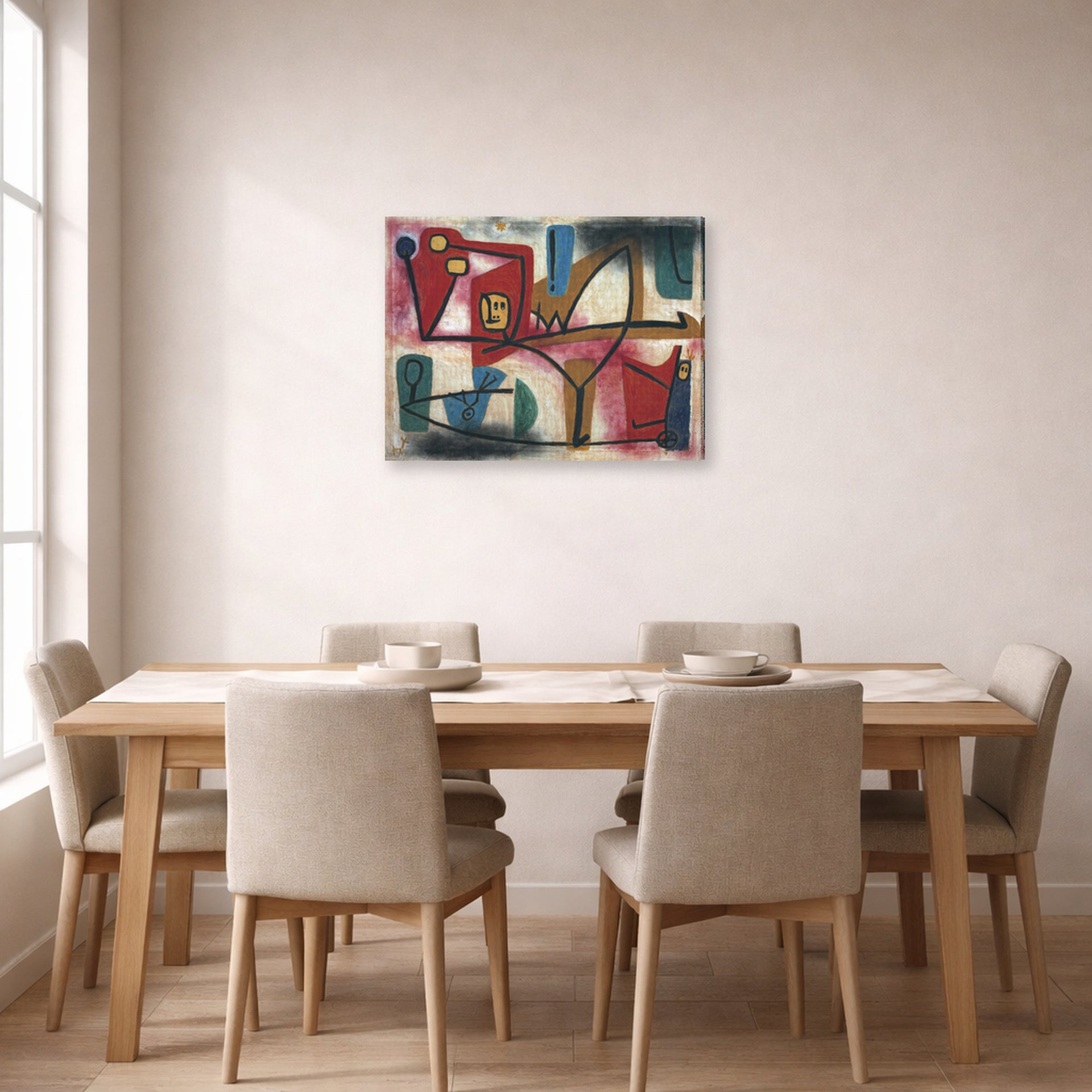 Gallery-wrapped canvas print of Paul Klee's Arrogance displayed on a wall in a dining room